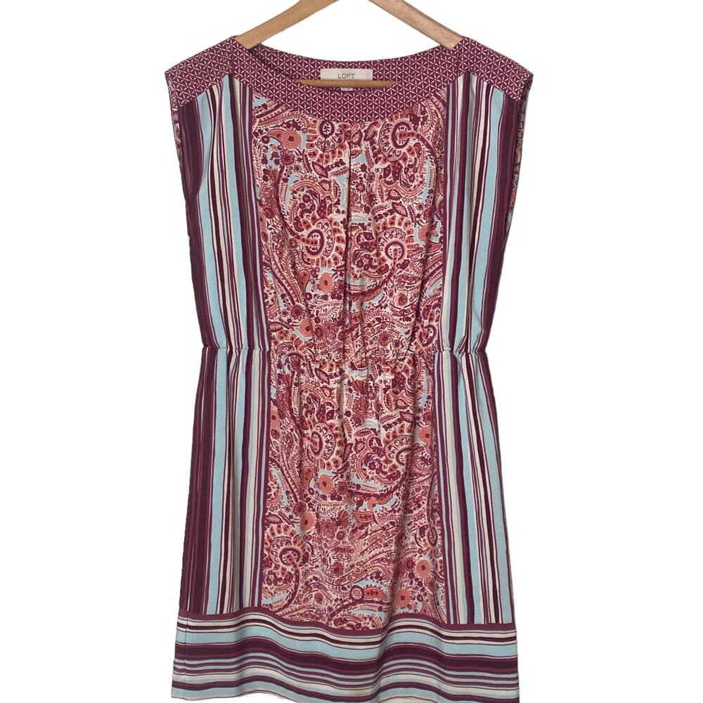 Loft Sleeveless Paisley and Stripes Dress with Cinched Waist Size S